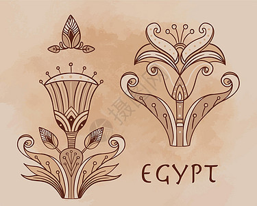 埃及花卉设计元素设置在米色垃圾背景上 莲花图宝藏百合文化叶子艺术博物馆历史织物植物装饰图片