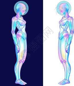 复古未来主义风格的机器人机器人女人的画像 矢量图 在发光的霓虹灯明亮的颜色的机器人的画像 未来派合成波传单模板 网络技术成人逆波图片
