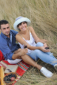 幸福的情侣在长草野餐中享受乡村野餐玻璃农村青年家庭旅行食物女士天空假期闲暇图片