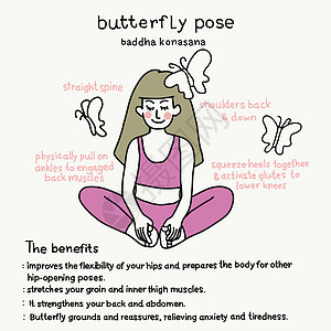 蝴蝶瑜瑜伽的姿势和好处 漫画矢量插图练习运动沉思资料平衡女性女士教程身体成人图片