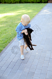 金发小男孩在外面跟黑猫玩耍图片