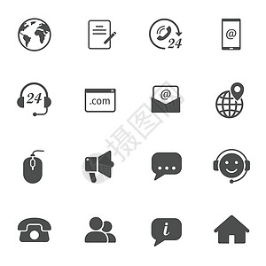联系我们孤立在白色背景上的剪影矢量图标集 联系我们用于 web 和 ui 设计的黑色图标 商务沟通理念图片
