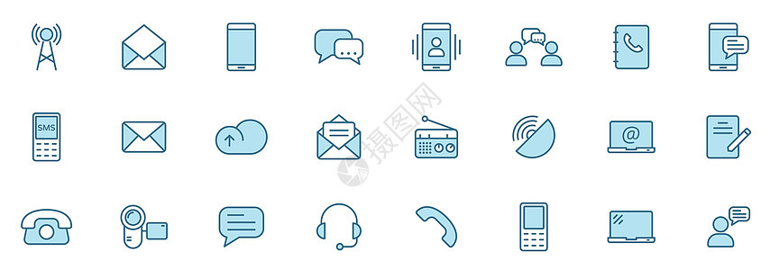 通信线矢量图标在白色上孤立的两种颜色 用于 web 和 ui 设计 移动应用程序和印刷产品的通信蓝色图标集电话地球元素用户技术话图片