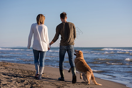 在自闭症日海滩上玩得开心的狗情侣享受海洋男人妻子男性跑步海岸自由丈夫海滩图片