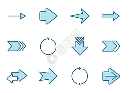 箭头线图标集以两种颜色隔离在白色背景上 用于网页设计 移动应用程序 ui 设计和打印的蓝色箭头轮廓图标图片