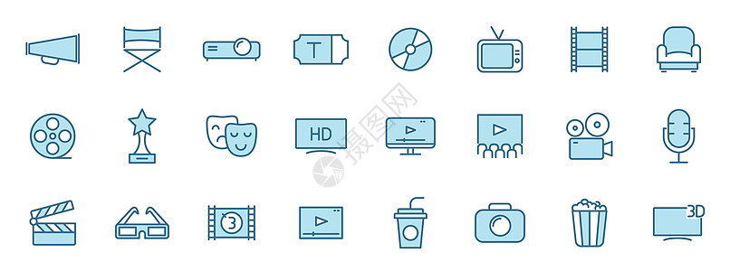 电影线性矢量图标在白色背景上隔离的两种颜色 为网页设计 ui 移动应用程序和打印设置的电影和电影蓝色图标艺术幻灯片卷轴星星用户商图片