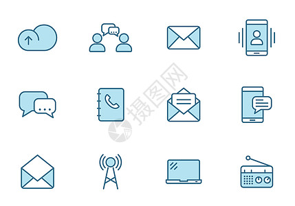 通信线矢量图标在白色上孤立的两种颜色 用于 web 和 ui 设计 移动应用程序和印刷产品的通信蓝色图标集办公室邮件话框麦克风电图片