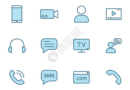 通信线性矢量图标在蓝色隔离在白色 两种颜色的通信图标 用于网络和 UI 设计 移动应用程序 印刷和商业促销广告图片