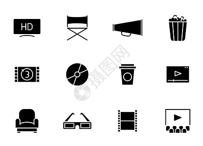 电影和电影剪影矢量图标隔离在白色 为 web 移动应用程序 ui 设计和打印设置的电影图标筒管星星玩家剧院椅子喇叭娱乐界面用户艺图片