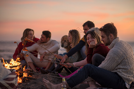 坐在海滩火炉边的年轻朋友团体假期篝火旅行火焰靴子细胞营火乐趣野餐冒险图片
