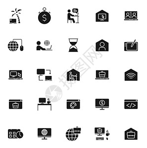孤立在白色背景上的远程工作黑色矢量图标 为 web 和 ui 设计 移动应用程序和印刷产品设置的远程工作图标图片