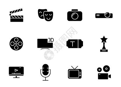 电影剪影矢量图标上白色孤立 为 web 移动应用程序 ui 设计和打印设置的电影图标图片