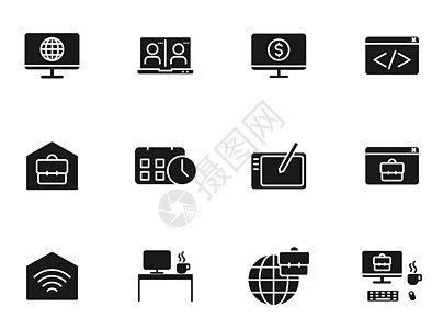 在白色上隔离的远程工作字形矢量图标 为网页设计 移动应用程序 用户界面和打印设置的远程工作图标图片