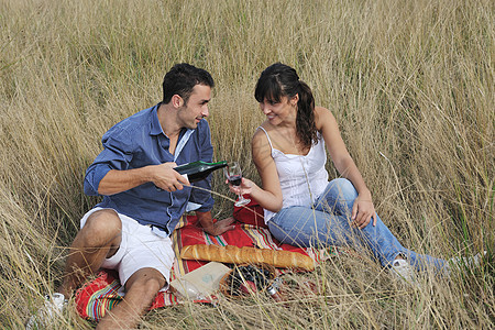幸福的情侣在长草野餐中享受乡村野餐女士瓶子青年闲暇家庭农村面包假期场地女性图片
