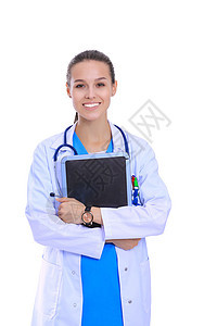 拥有平板电脑的美丽年轻女子 女医生女孩诊所工人临床窗户蓝色记录专家女士互联网图片