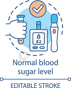 正常血糖水平概念图标 健康生活方式理念 细线插图;糖尿病医疗;格鲁克仪和胰岛素笔矢量孤立轮廓绘制 可编辑的中风图片