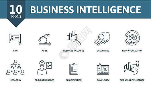 商业智能图标集 简单元素的集合 例如 crm 敏捷 业务分析 数据挖掘 复杂性 项目经理 商业智能图片