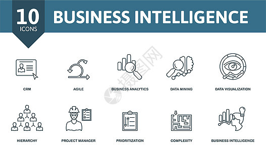 商业智能图标集 简单元素的集合 例如 crm 敏捷 业务分析 数据挖掘 复杂性 项目经理 商业智能图片