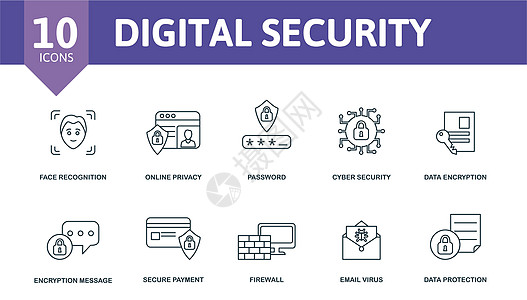 数字安全图标集 人脸识别 在线隐私 密码 网络安全 电子邮件病毒 安全支付 数据保护等简单元素的集合图片