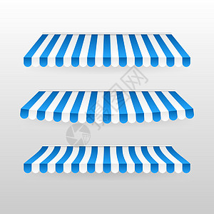 蓝色和白色的遮阳伞 咖啡厅和商店橱窗隔离矢量集的户外遮阳篷 用于市场的帐篷遮阳伞 用于商店插图的条纹夏季扇贝摊位杂货店遮阳棚商业图片