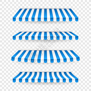 蓝色和白色的遮阳伞 咖啡厅和商店橱窗隔离矢量集的户外遮阳篷 用于市场的帐篷遮阳伞 用于商店插图的条纹夏季扇贝遮阳棚杂货店店面庇护图片