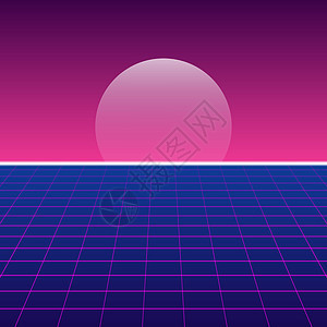 明亮的粉红紫色反光前锋背景未来风景1980年代风格墙纸行星合成器合成虚拟现实潮人游戏海报海浪星星图片