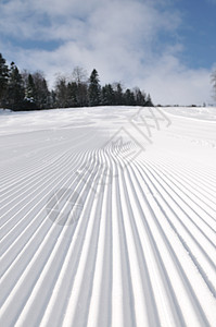 在美丽的阳光明媚的冬日 滑雪斜坡上的脚印滑雪者小路全景森林探险家运动活动踪迹车削越野图片