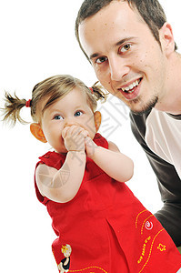 年轻父亲和美丽的女儿玩耍白色父母后代微笑爸爸童年成人情感儿童女孩图片