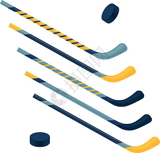 带曲棍球棒的运动套装 冰球和曲棍球棒和两个不同角度的冰球 运动器材 孤立在白色背景上的矢量图图片