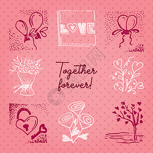 情人节卡片或邀请惠特式动机永远在一起的文本 婚礼概念 贺礼卡 海报 横幅 设计元素 爱粉红色背景图片