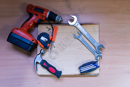 手动工具集装修构造木头房子金属作坊钻头锤子木工螺丝刀图片