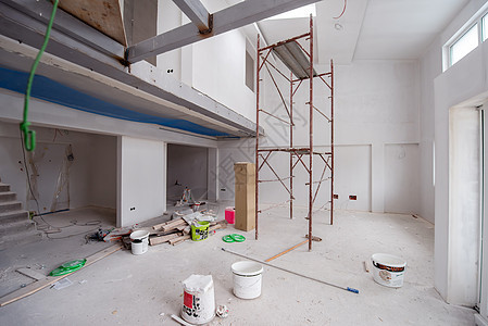 建筑工地内有脚手架公寓装修天花板地面工具建筑学商业水泥梯子工作背景图片