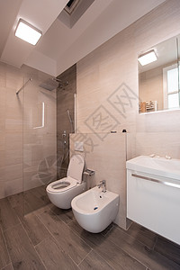 豪华的时尚式厕所室内卫生公寓木头坐浴风格装饰建筑学镜子奢华洗澡图片