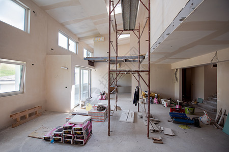 建筑工地内有脚手架商业房子梯子工具住宅地面建筑学金属框架房间背景图片