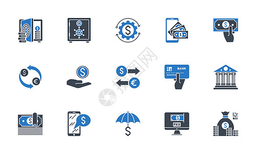 银行图标设置 黑色和蓝色钱包支付技术电脑投资银行业订金现金电话建筑图片