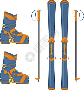冬季运动套装 包括速降滑雪板 滑雪靴和滑雪杖 用于比赛和户外活动的运动器材 在白色背景上孤立的矢量图图片
