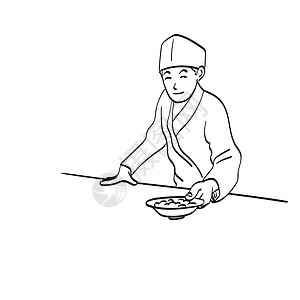 日本男厨师 为白底线艺术中孤立的 食品插图矢量服务图片