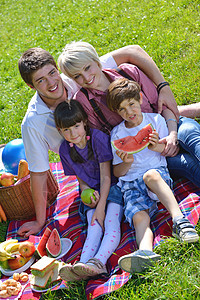 幸福的家庭在野外野餐中一起玩儿子水果男性成人孩子孩子们男生女性假期女孩图片