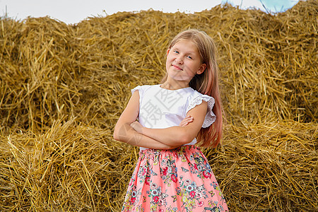一个穿粉红裙子的模范女孩 在夏天天爬上一大堆稻草金发女郎太阳冒充土地女士草地头发褐色蓝色农村图片