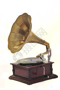 古老的喇叭大师体积乡愁扬声器黄铜记录留声机木头艺术白色图片