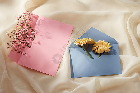 粉红和蓝色信封 配有春花布置粉色礼物明信片小样邮政空白邀请函花朵白色问候语图片