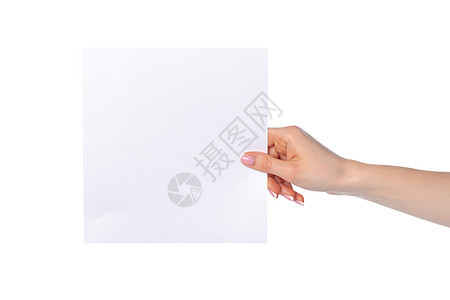 女性手举着白色的白纸横幅商业礼物卡片棕榈空白拇指广告手指优惠券成功图片