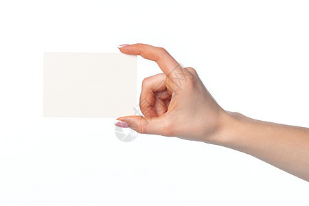 妇女手持白白空白的白色名片 孤立在白纸上职业广告女性手指角落成功商业拇指标签卡片图片