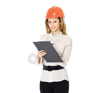 女工程师戴头盔 手里拿着一个文件夹图片
