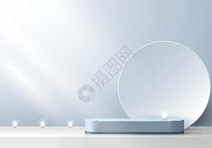 3D级白蓝色讲台以圆形背景和亮光最小场景为首图片