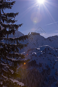 冬季日出森林假期滑雪环境山脉天空蓝色日落太阳木头图片