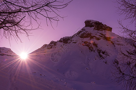 冬季日出耀斑木头山脉顶峰森林旅行环境风景蓝色滑雪图片