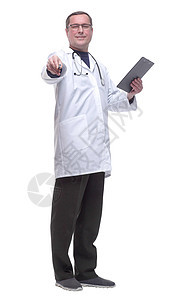 有听诊器的医生在剪贴板上做笔记微笑帮助清单从业者白色男性卫生职业病人广告牌图片