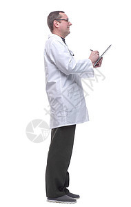 医生在剪贴板上写了他的建议卫生微笑记录男性清单医师笔记眼镜帮助处方图片