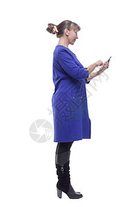 商业女性打电话留言的侧面视图商务生意人电话裙子细胞上网展示管理人员手机消息图片